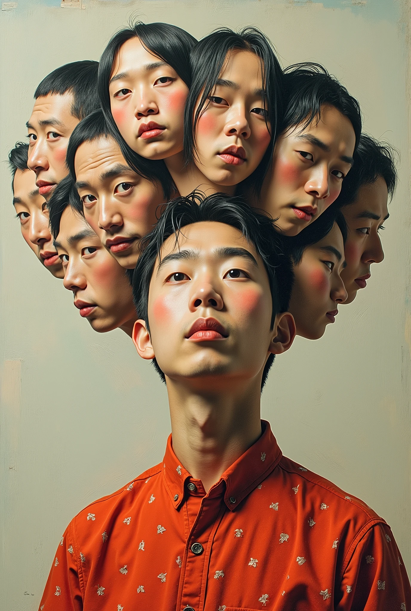 Expressionist artwork images of multiple floating heads of japanese men, 3d collage style, make it weird and gallery worthy
