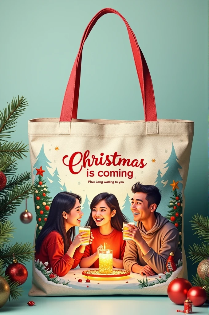 On the Tote bag there are friends gathered around ,holding a glass of Phuc Long water to drink. Christmas theme bag background with pine tree. The bag says Christmas is coming., Phuc Long waiting for you