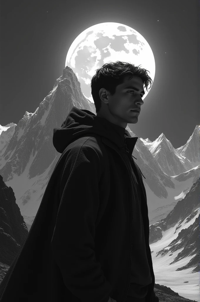 Create a black and white image of a young man on a mountain under the moonlight 