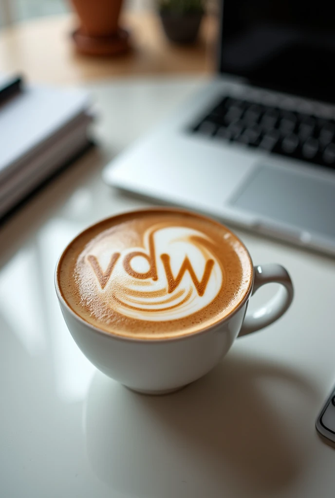 A cappuccino sits in a simple, white cup on a modern office table. The table is tidy, with a laptop, some notebooks and a pen next to it. The centerpiece, however, is the cappuccino: the barista has artfully designed the milk foam so that the letters "vdw" can be seen clearly and precisely on it. The letters are embedded in slightly curved lines and stand out perfectly from the creamy milk foam. The overall look conveys an atmosphere of professionalism and care, with a touch of creativity.