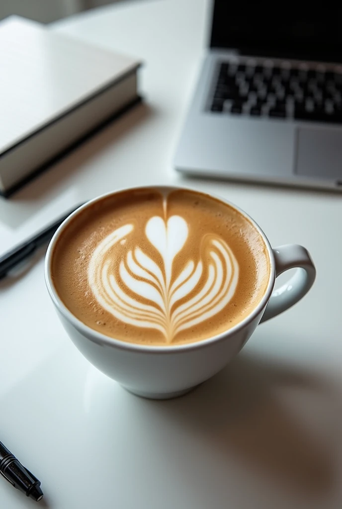 A cappuccino sits in a simple, white cup on a modern office table. The table is tidy, with a laptop, some notebooks and a pen next to it. The centerpiece, however, is the cappuccino: the barista has artfully designed the milk foam so that the letters "vdw" can be seen clearly and precisely on it. The letters are embedded in slightly curved lines and stand out perfectly from the creamy milk foam. The overall look conveys an atmosphere of professionalism and care, with a touch of creativity.