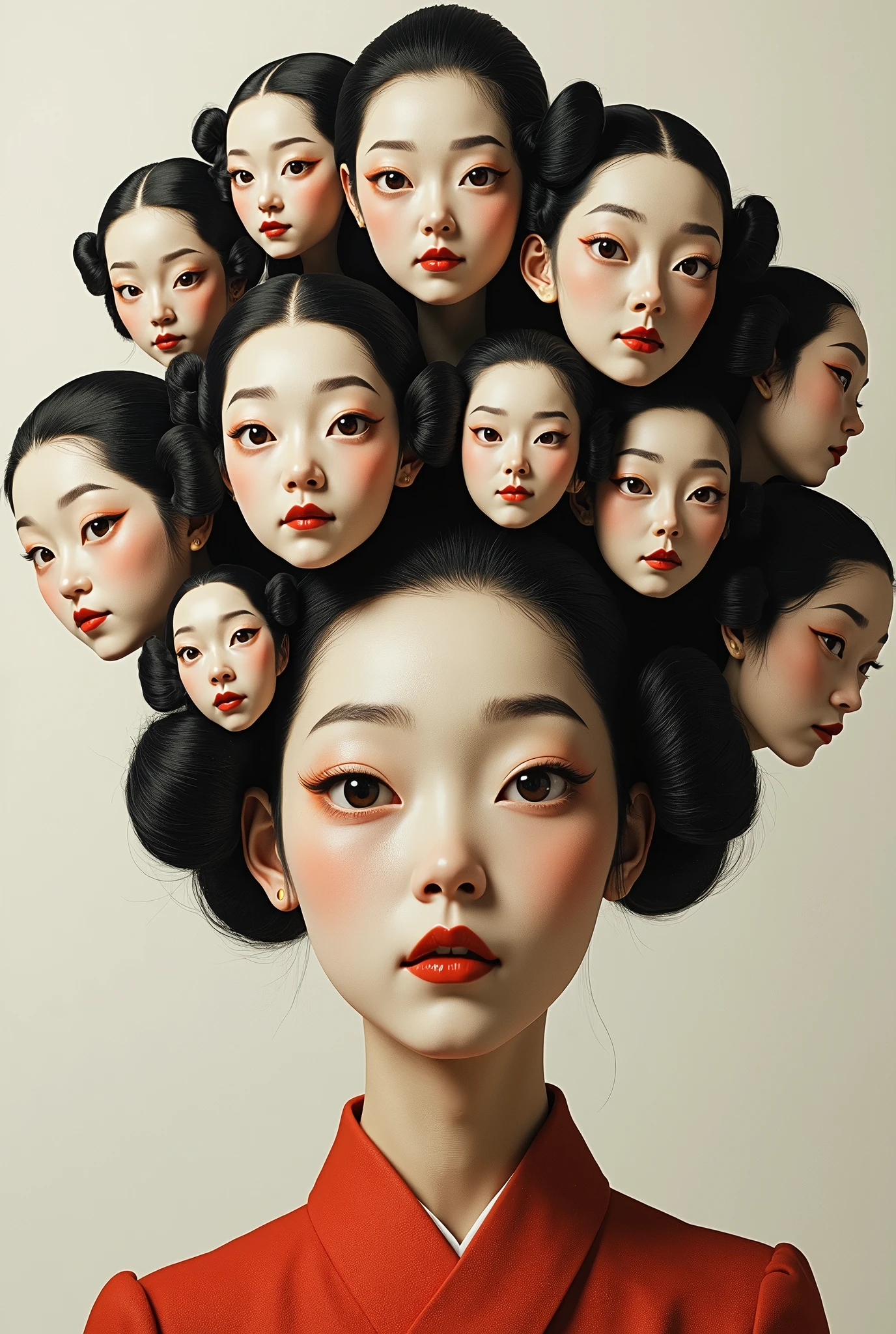 Expressionist artwork images of multiple floating heads of japanese women, 3d collage style, make it weird and gallery worthy