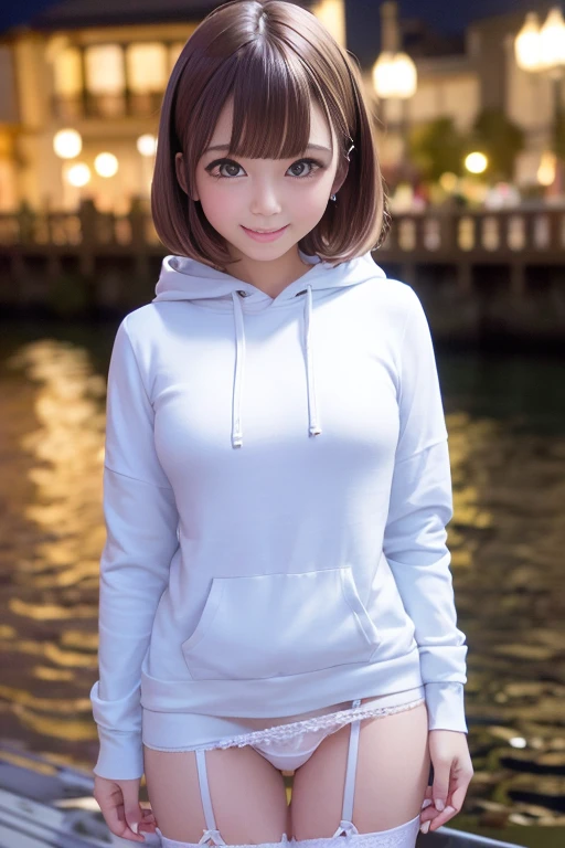Knee-high high-heeled boots、Micro Mini Skirt、Pull-zip hoodie、One 1 woman、Short Bob Hair、Medium breast、A shy smile、masterpiece:1.3、Raw photo quality、Highest quality、Detailed Images、Detailed Background、Standing on the pier at night、White panties、((Pulpanty:1.3))、