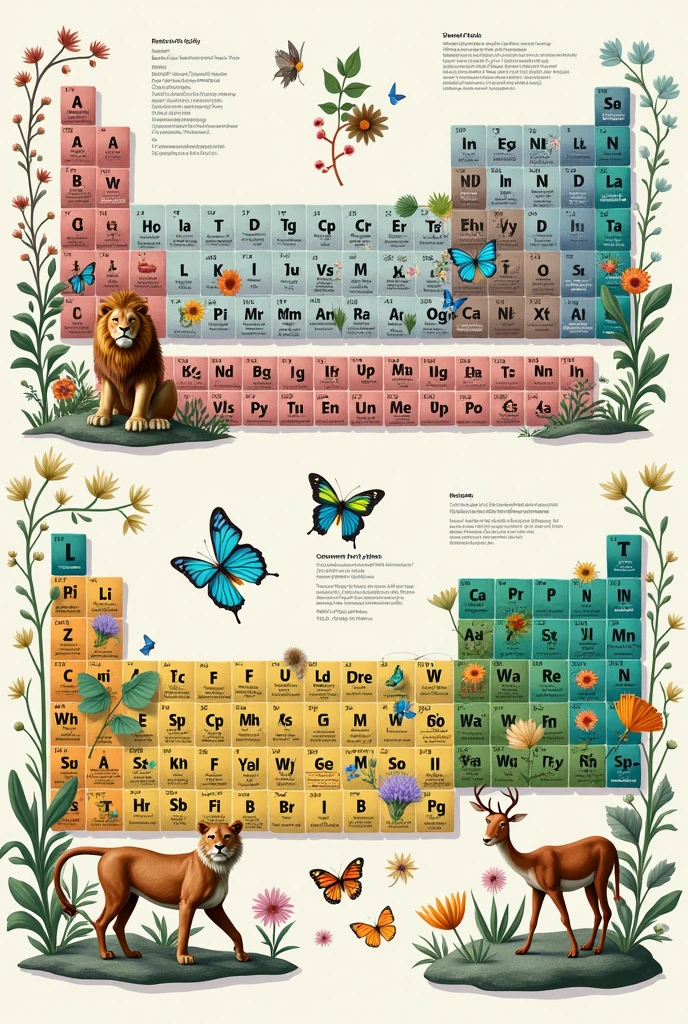 Periodic table with pictures of plants and animals,The squares contain pictures of plants and animals and letters of chemical elements