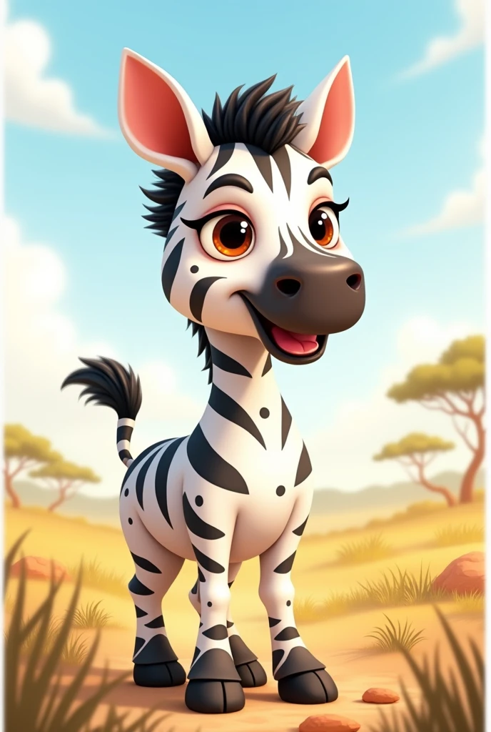 Create 4 illustrations of a zebra named Zenia. Each illustration of Zenia must have different expressions.. She should have a white body with black dots scattered throughout her fur., instead of the traditional stripes. Zeni must have a friendly and cheerful expression, with big, bright eyes that convey confidence and happiness. She is in a savannah environment, with vegetation in the background and a clear sky. Make sure the images have multiple expressions..