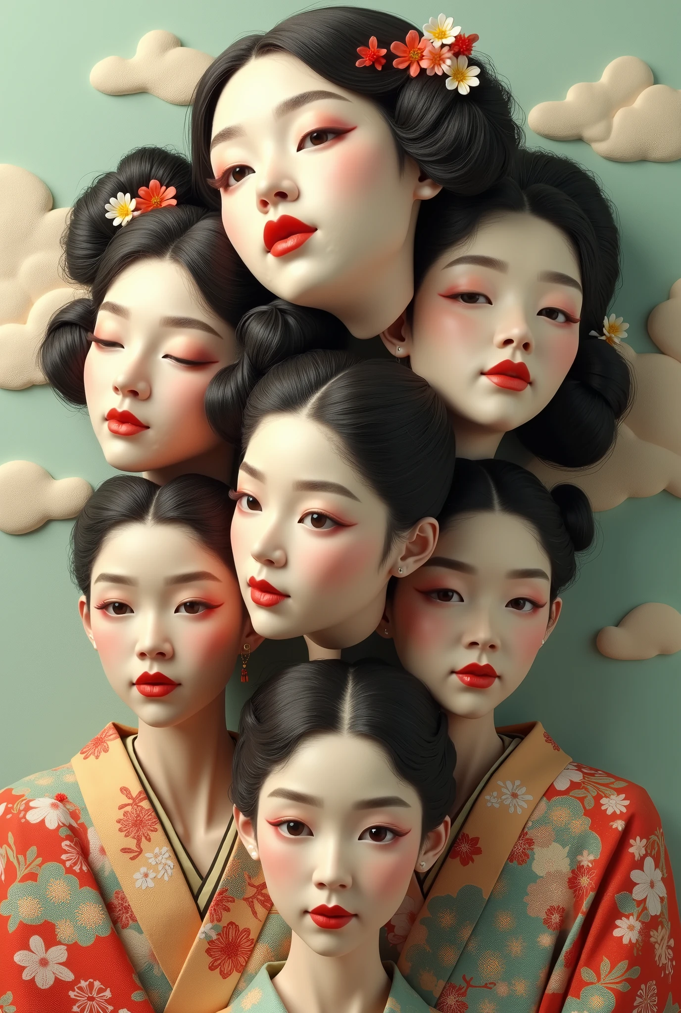 Expressionist artwork images of multiple floating heads of japanese women, 3d style, 