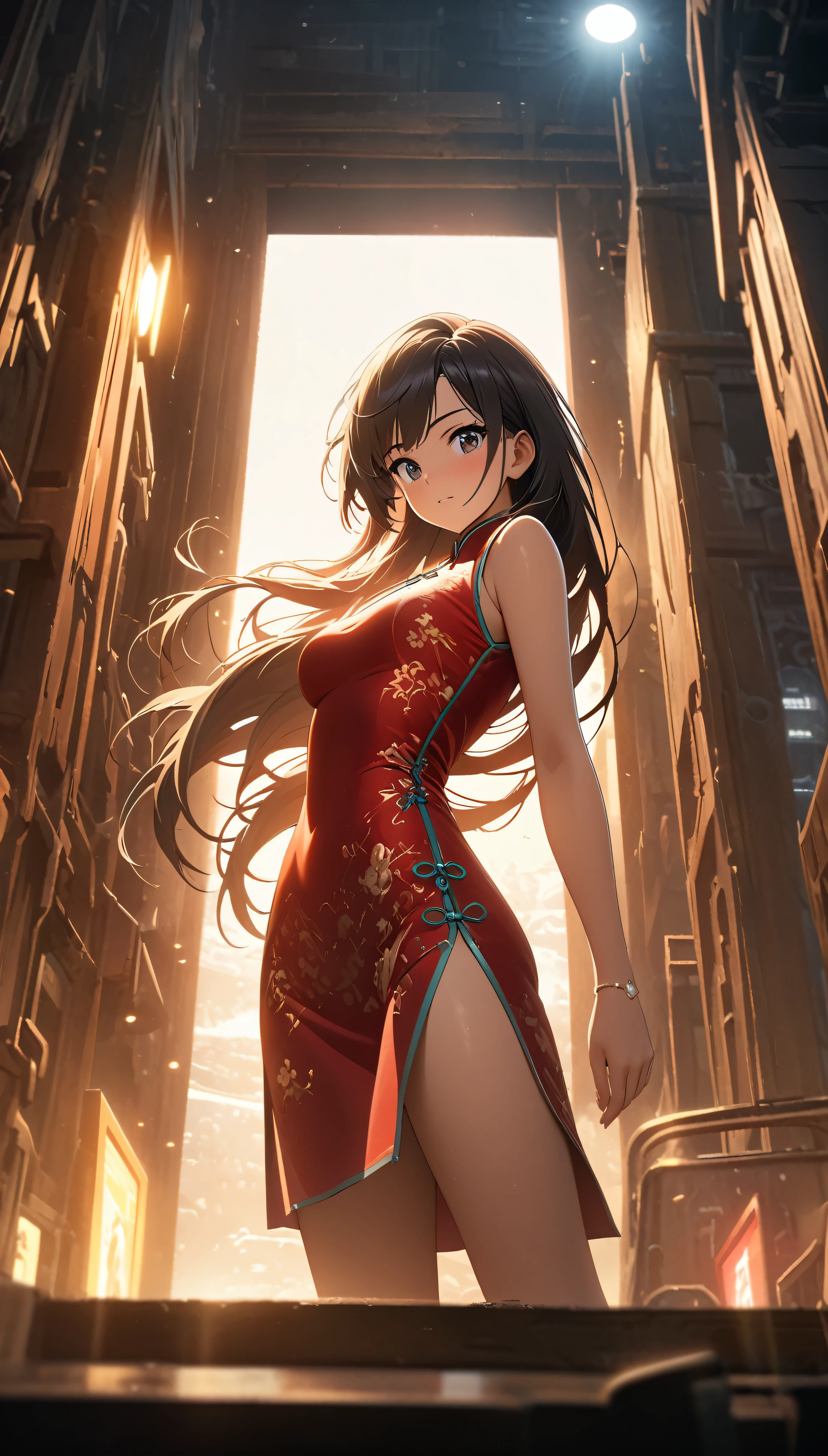 Cheongsam Girl，Long Hair，Pure white background，Depth of written boundary，Low angle view，Calf Level View，Overclocked Renderer，Cinema Lighting，Ultra-fine，Very detailed，complicated，Cinematic Perspective，CG Art，Side zipper