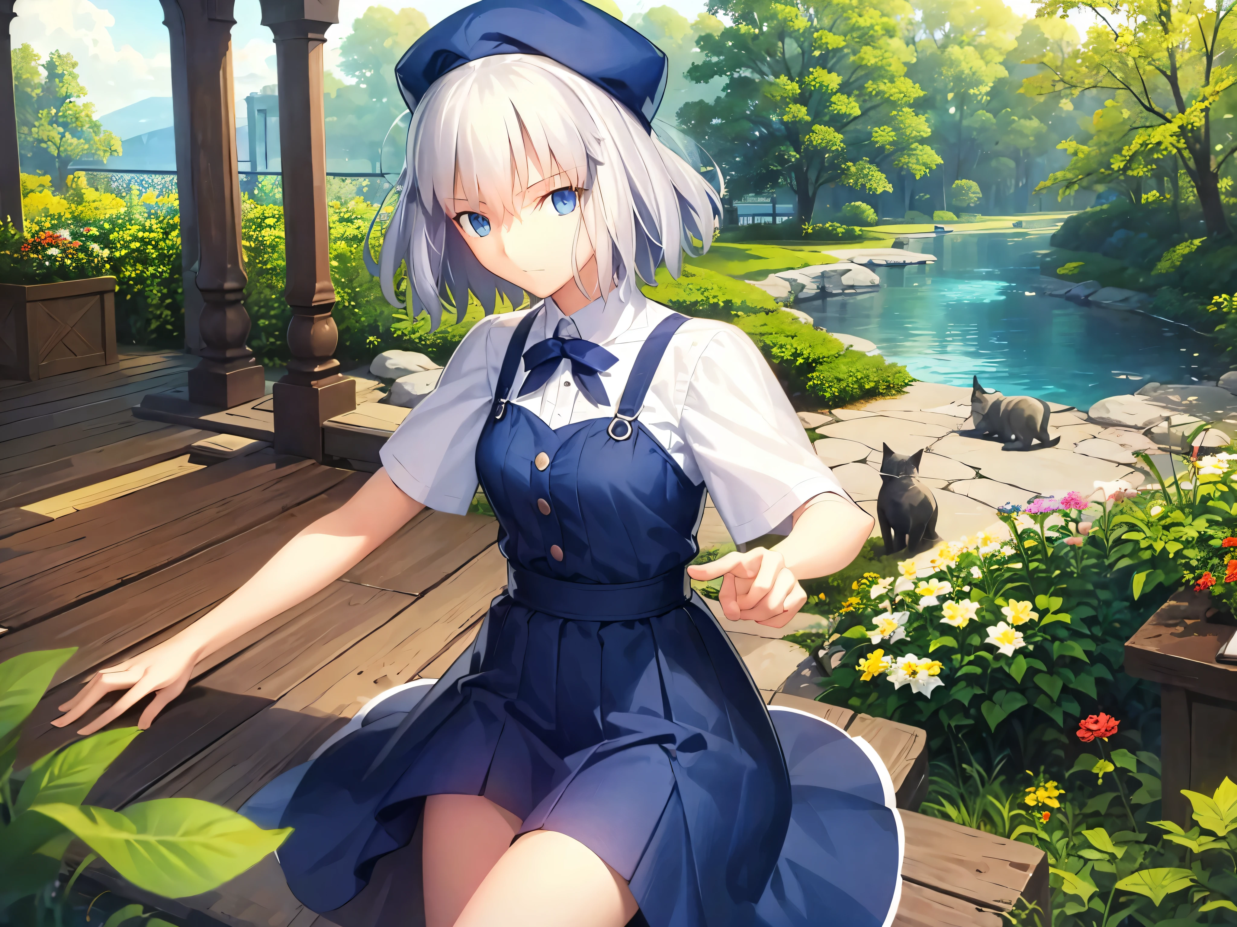 Highest quality、masterpiece、One girl、、Short silver hair、Blue eyes、Cat knit hat、Short sleeve、Shorts、Novelist、nature、Study