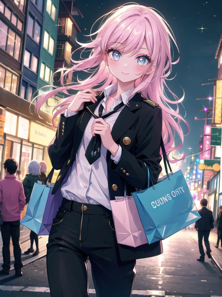 ((8k, Highest quality, masterpiece: 1.3)),Ultra-high resolution,(1 girl, alone), (Color changing eyes, Ultra-detailed, Expressive brilliance, Glitter, Glowing Eyes), Highly detailed eyes, Highly detailed face, Random Hair, ((pastel colour))A stylish woman walking along a bustling city street at dusk, dressed in a fitted blazer, a simple white blouse, and slim black trousers. The city lights are beginning to flicker on, casting a vibrant glow on the surroundings. She’s holding a small shopping bag in one hand, her hair slightly tousled by the breeze. As she passes a trendy boutique, she glances over her shoulder at the camera with a warm, playful smile, her eyes full of affection, as if she’s sharing this lively evening out with her boyfriend.