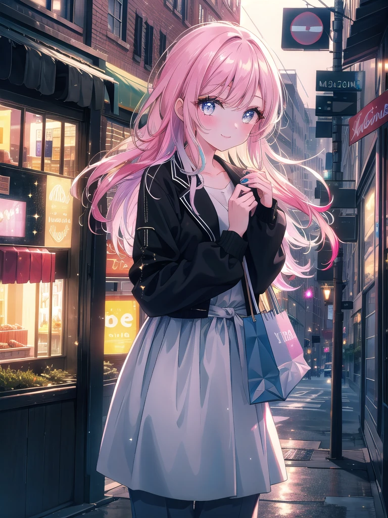 ((8k, Highest quality, masterpiece: 1.3)),Ultra-high resolution,(1 girl, alone), (Color changing eyes, Ultra-detailed, Expressive brilliance, Glitter, Glowing Eyes), Highly detailed eyes, Highly detailed face, Random Hair, ((pastel colour))A stylish woman walking along a bustling city street at dusk, dressed in a fitted blazer, a simple white blouse, and slim black trousers. The city lights are beginning to flicker on, casting a vibrant glow on the surroundings. She’s holding a small shopping bag in one hand, her hair slightly tousled by the breeze. As she passes a trendy boutique, she glances over her shoulder at the camera with a warm, playful smile, her eyes full of affection, as if she’s sharing this lively evening out with her boyfriend.