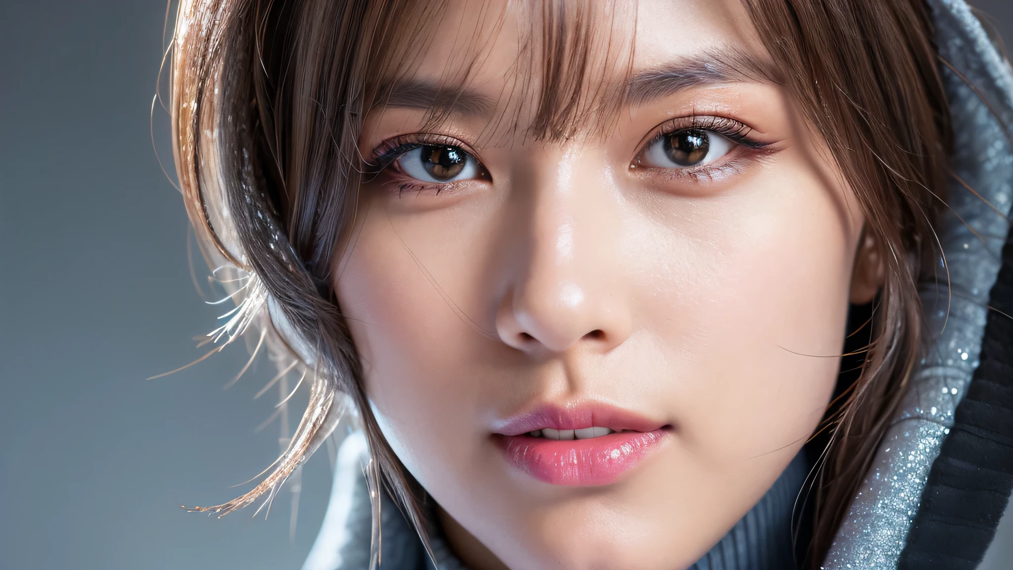 (Detailed face),vivid,Silver glitter turtleneck hoodie,4K,Ultra-high resolution,(Photorealistic:1.7),Gray background,Long Hair,