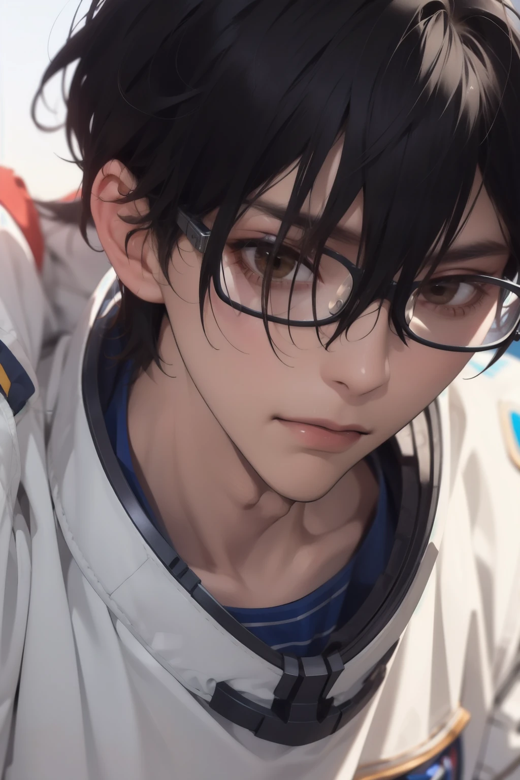 masterpiece, best quality, wallpaper,standing,,1boy, solo, black hair, brown eyes, hair between eyes,glasses,Astronaut uniform, 16k resolution,close up photo 