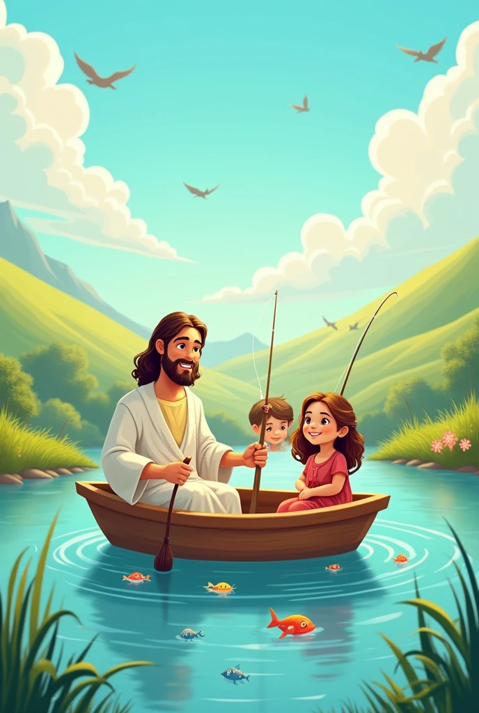 Cartoon Jesus in a boat with a girl and a boy fishing and fish