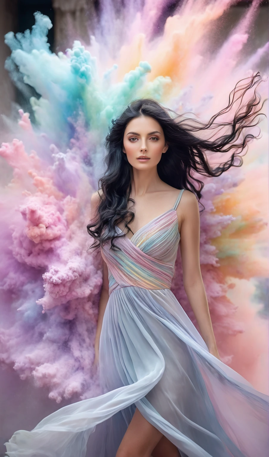 In this stunning image, we are presented with a captivating view of pastel colored powder exploding in all directions, beautifully frozen in time through super long exposure and slow shutter photography techniques. An explosion occurred in front of the wall, where an image also burst into life with an explosion of colorful pastel powder, resembling a beautiful, graceful woman with long black hair with wavy tips flowing as if blown by a gentle breeze with sparkling and delicate eyes wearing a closed-shoulder dress. elegant and graceful facing the camera floating on very realistic pastel colors. The image, possibly a photograph, displays beautiful attention to detail, with subtle colors blending harmoniously to create a truly stunning, high-quality visual work.