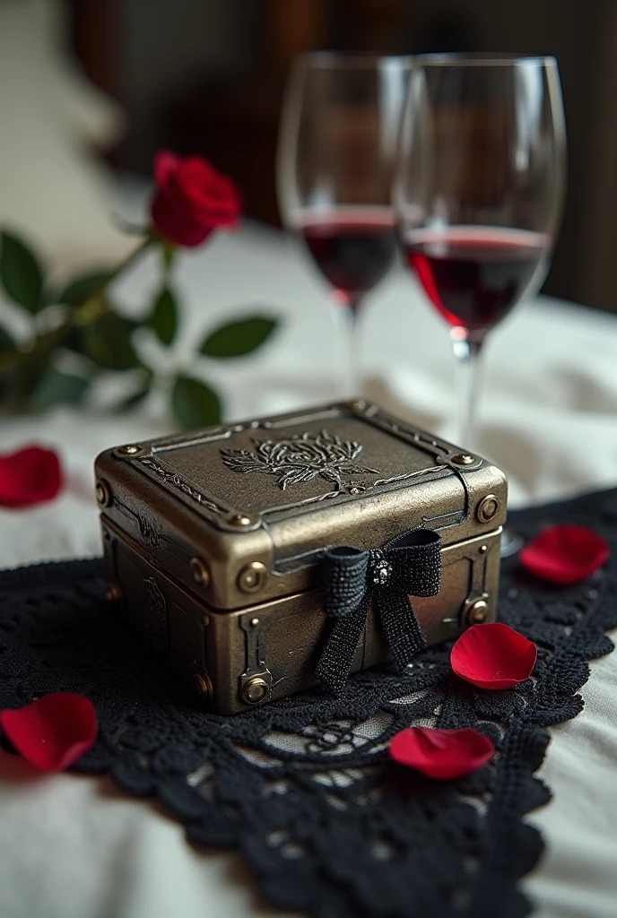 A mysterious metal box with carvings on the outside. An inscription in a strange language on the forehead. The old hand-sized box is on top of a black lace thong on the bed.. The panties have a sparkling black bow in the sample. Behind the box, a glass of wine standing up and another lying down. A red rose laid on the box. Some petals on the bed. Blurred room background