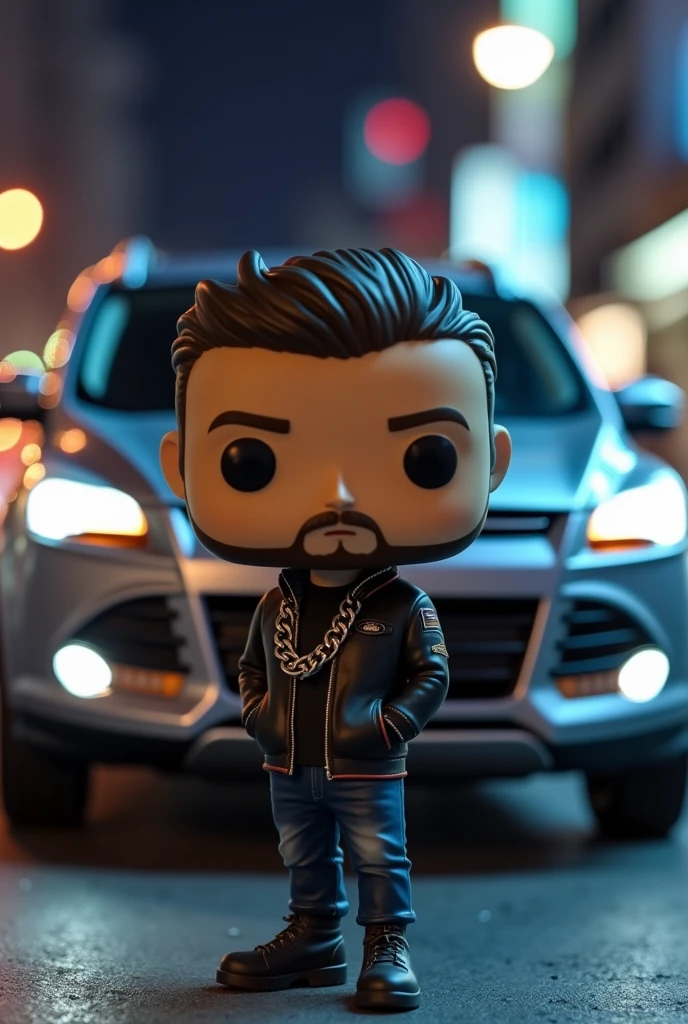 Create a funko pop of a boy with a goatee and a bit of a mustache with a chain that also shows a gray Ford Kuga from 2013 and a street in the background at night so the car can be seen well. 
