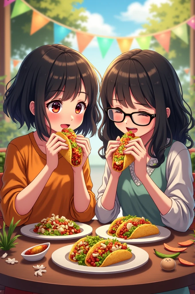 Create an image of two girls eating tacos, both with black hair, one with medium straight hair and the other with medium wavy hair, but the one with wavy hair should be taller with glasses.