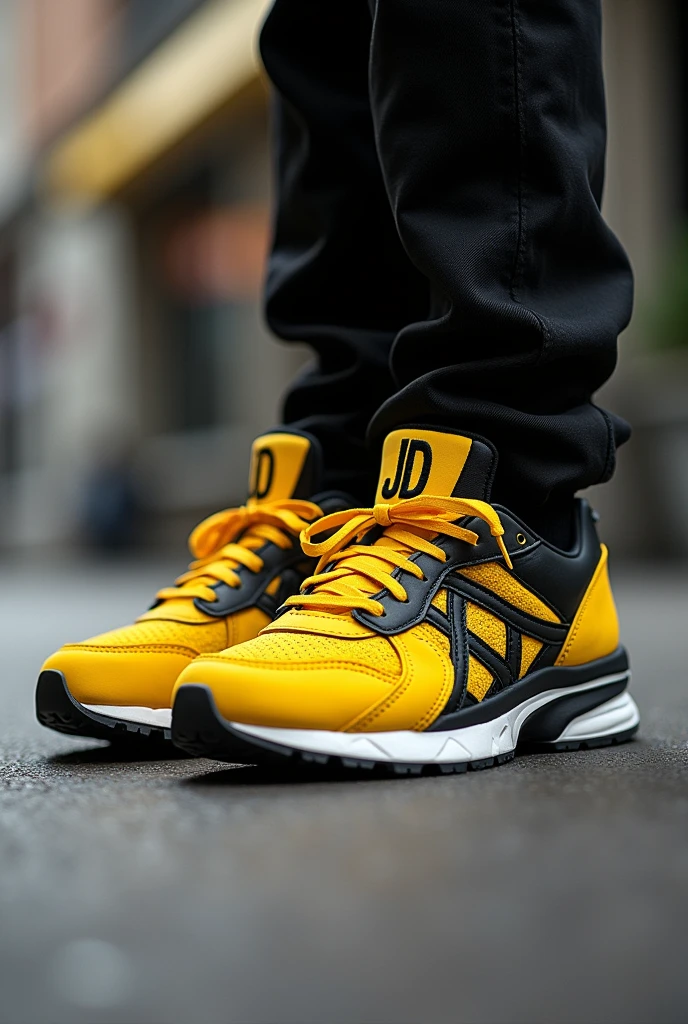 Create a style of yellow and black sneakers with jd initials