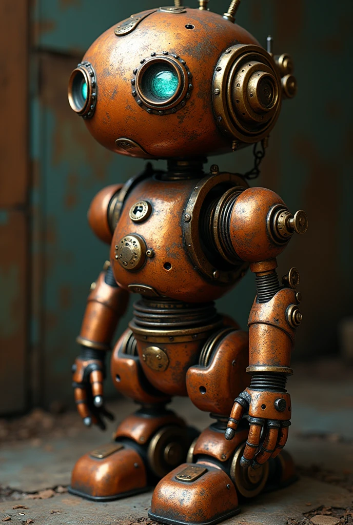slightly above average mechanical, engineering robot made of copper and brass. a little old. with rust. steampunk style.