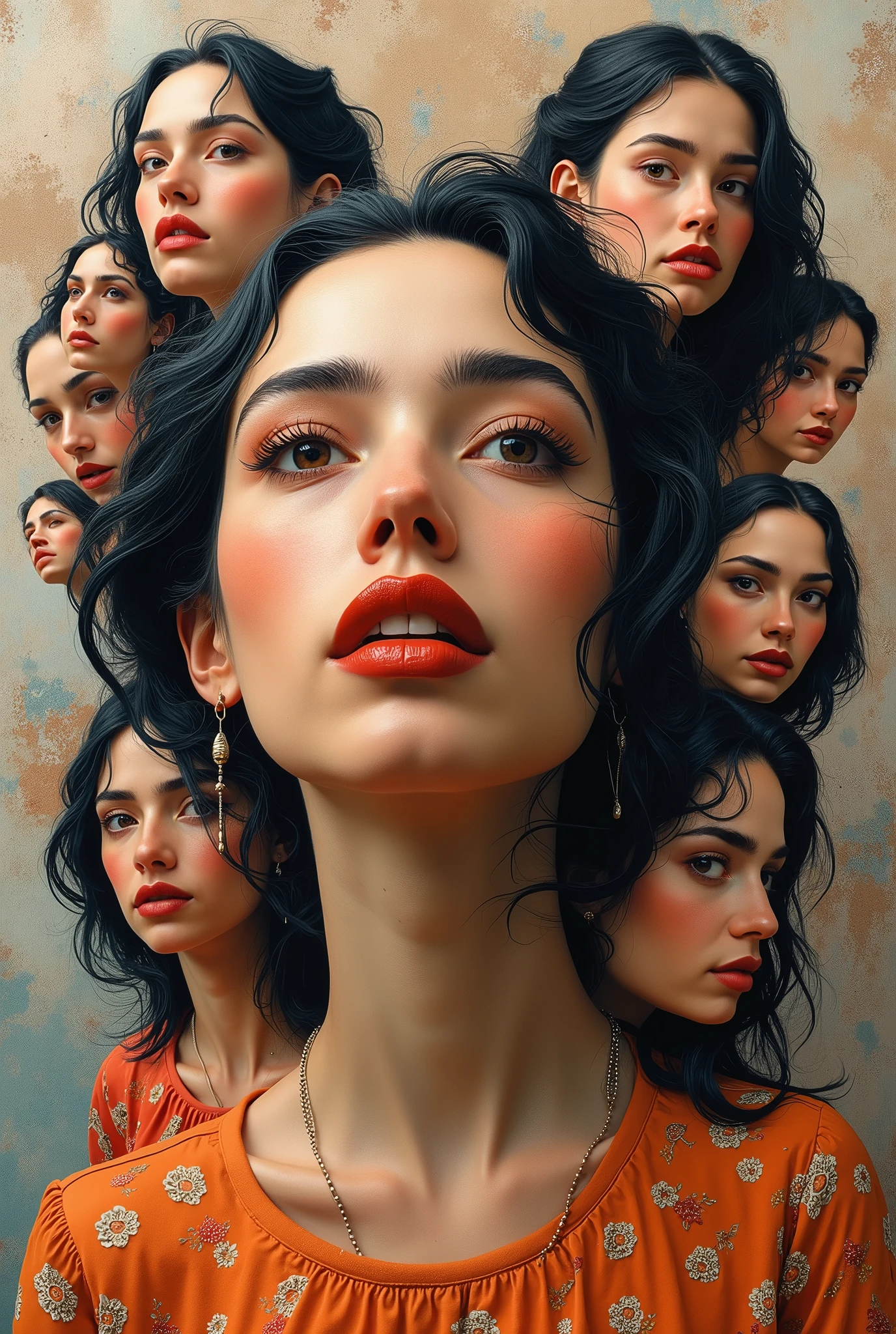 Expressionist artwork images of multiple floating heads of hispanic women, 3d collage style, make it weird and gallery worthy