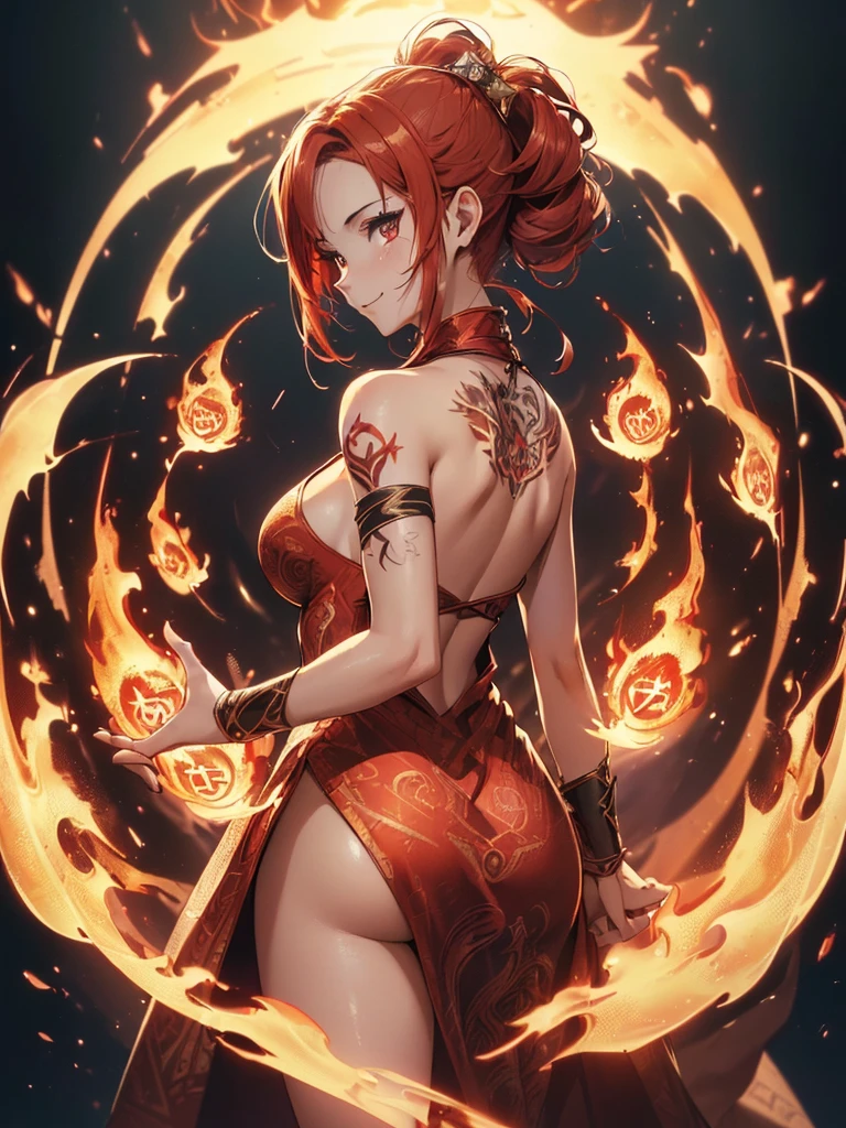 (((best quality, sharp image, clear image, cinematic lighting, 8k resolution, masterpiece, ultra detailed, intricate))) Girl, ((shot from behind)), ((close up)), look at viewer, fire mage, ((intricate background)), ((chaotic background)), red hair, smiling, ((flame runes, flame sigils)), (tatoo on back), slim figure, flying sigils, long dress, cute