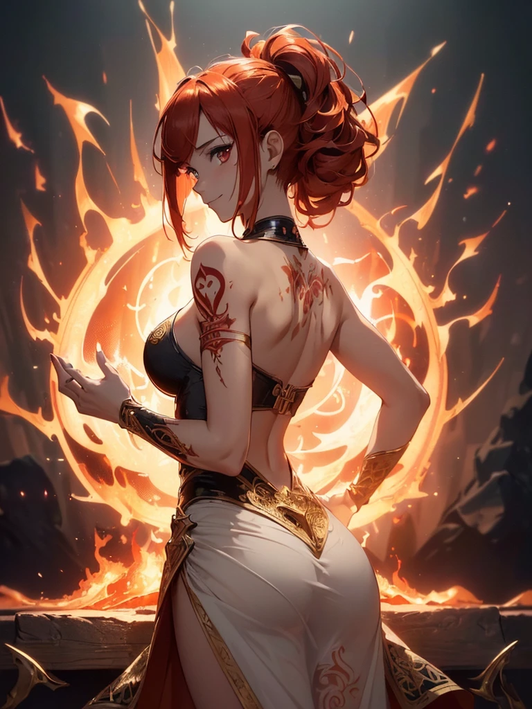 (((best quality, sharp image, clear image, cinematic lighting, 8k resolution, masterpiece, ultra detailed, intricate))) Girl, ((shot from behind)), ((close up)), look at viewer, fire mage, ((intricate background)), ((chaotic background)), red hair, smiling, ((flame runes, flame sigils)), (tatoo on back), slim figure, flying sigils, long dress, cute