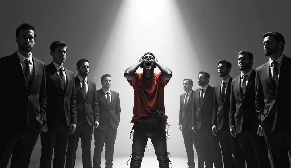 A twisted dramatic scene from A person who never succeeds in his job, desperate with his hands on his head screaming, wearing poor clothes, successful people wearing suit and tie around, the whole scene in black and white, the person in the spotlight with the colorful outfit.
