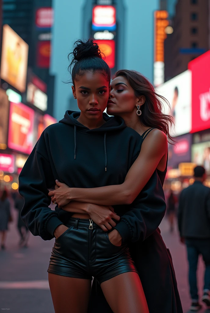 black woman hair in a bun black hoodie black leather short shorts old ugly woman standing behind her up against her wearing a dress with her arms around her waist kissing her neck           time square new york city