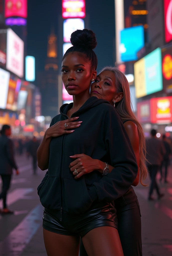 black woman hair in a bun black hoodie black leather short shorts old ugly woman standing behind her up against her wearing a dress with her arms around her waist kissing her neck           time square new york city