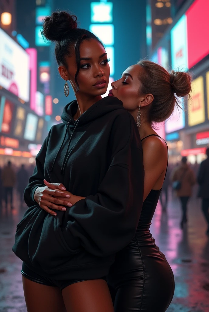 black woman hair in a bun black hoodie black leather short shorts old ugly woman standing behind her up against her wearing a dress with her arms around her waist kissing her neck time square new york city