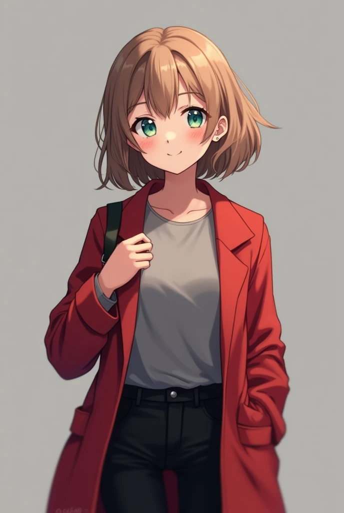 More mature anime style image. A gray background image. A teenager with light brown hair, light green eyes, piercings in both ears and a friendly smile, wore a gray blouse and over it a red coat, black pants.
