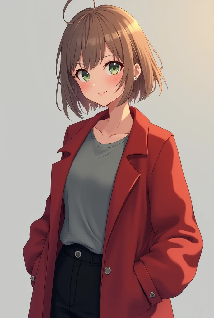 More mature anime style image. A gray background image. A teenager with light brown hair, light green eyes, piercings in both ears and a friendly smile, wore a gray blouse and over it a red coat, black pants.