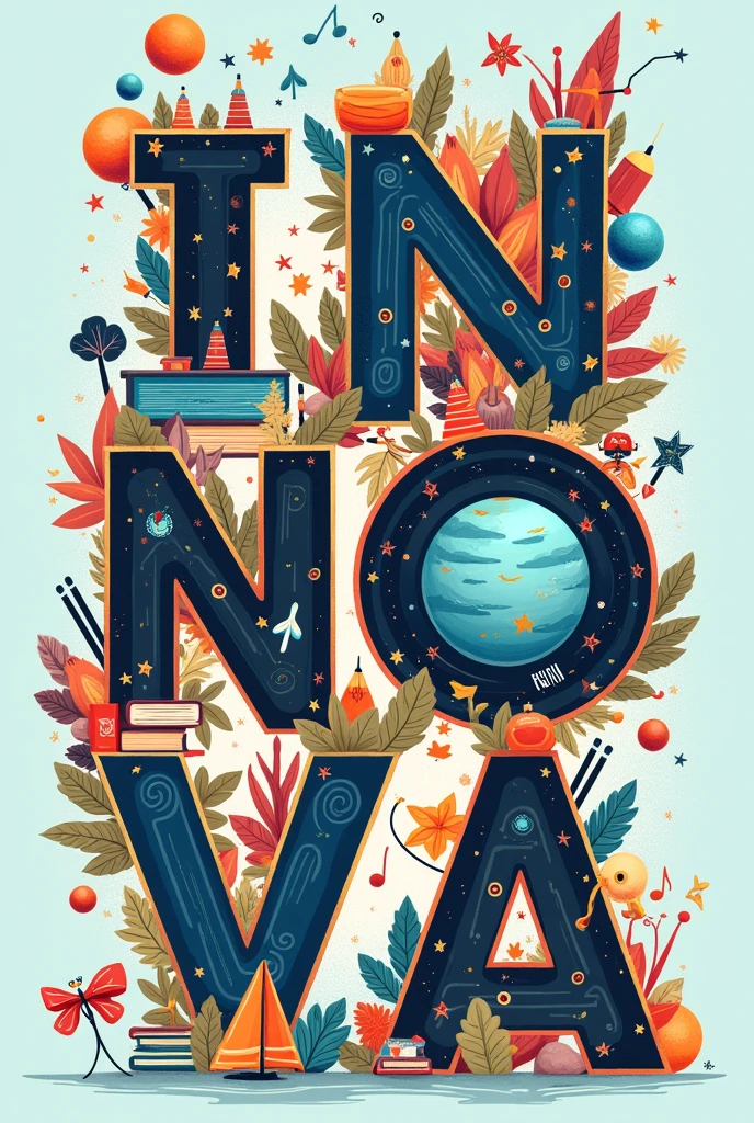 Text that says Innova Letters made with images of books, toys, spaceships, microscope, planet, pencils, musical notes, Brushes, etc, All objects for boys and girls, made with and not just that they appear
