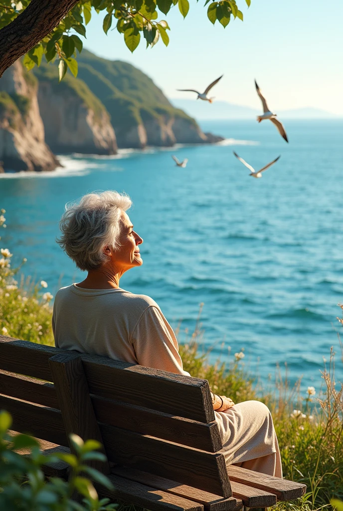 A retired woman in her 50's who's taking a rest near the sea and admiring the view