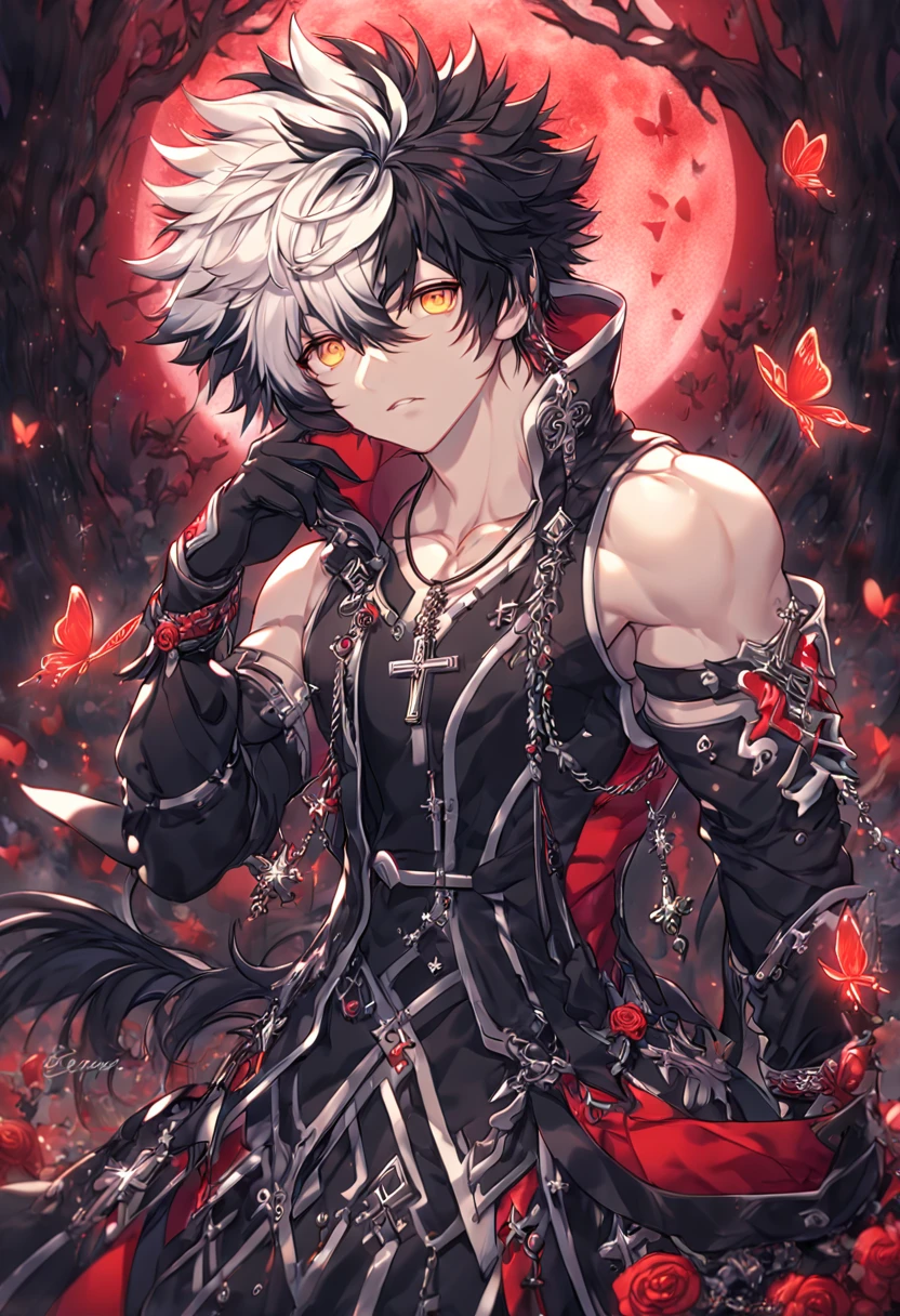 absurdres, highres, ultra detailed, HDR, master piece, best quality, extremely detailed, detailed face, detailed eyes, Raven, spiked hair, bicolor hair, right side black hair, left side white hair, expressive yellow eyes, Elsword, solo, sexy man, handsome, manly man, adult face, black coat, sleeveless, detached sleeves, cross necklace, black gloves, magical, fantasy, under a red trees, forest, red leaves, red flames, red moon, red fireflies, red roses, red butterflies, glass magic