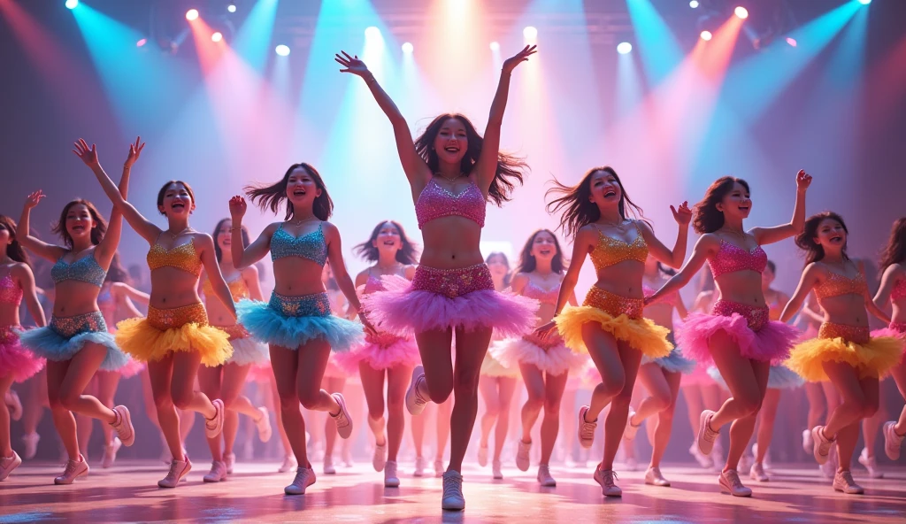 48 women, Japanese idol, kawaii, happy, smile, singing, dancing, on stage, colorful lighting,jumping