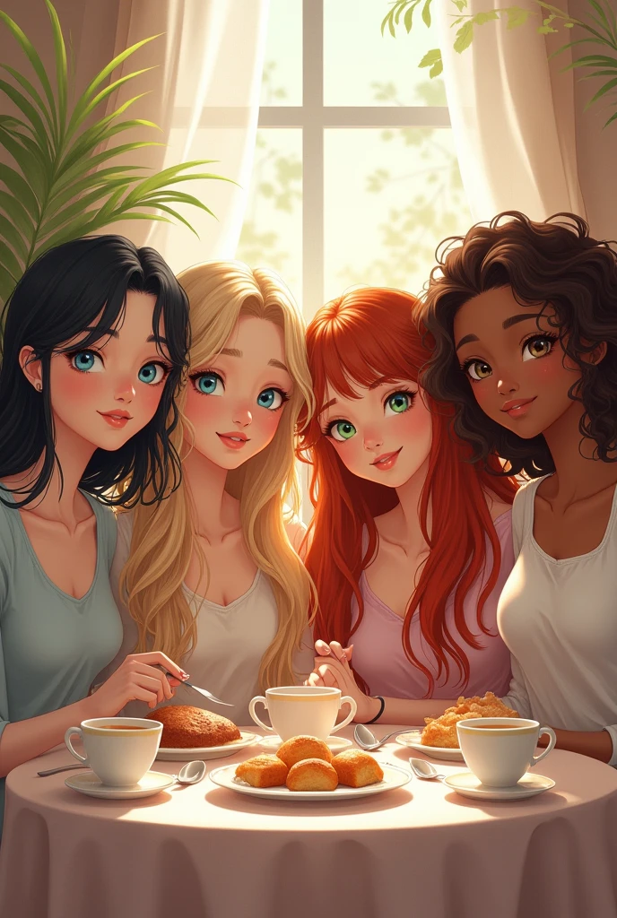 a pale woman with blue eyes and jet black hair, a pale blonde woman with light blue eyes, a red-haired girl with long hair, blue eyes and a light brown skinned girl, green eyes and curly brown hair. Sitting at a table while having breakfast, the four of them are happy and look at the camera