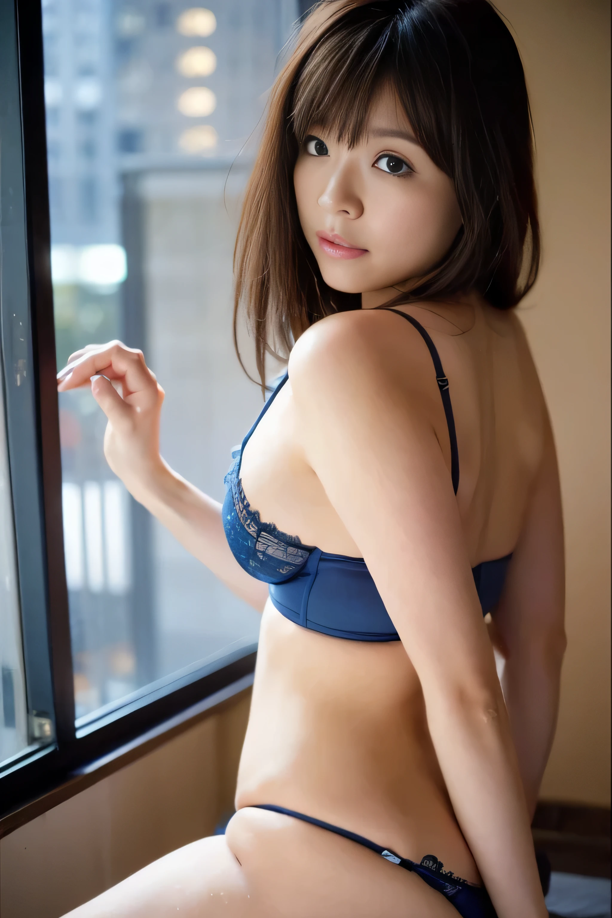 Close Up,realistic, Hot girl wearing a navy blue bra, An absent-minded attitude, big breasts, cute sexy poses, In a small skyscraper bedroom at night, mood light, Window with night city view, raindrops on the window, Rainy night, Volumetric light, movie light, depth of field, Bokeh, Masterpiece,