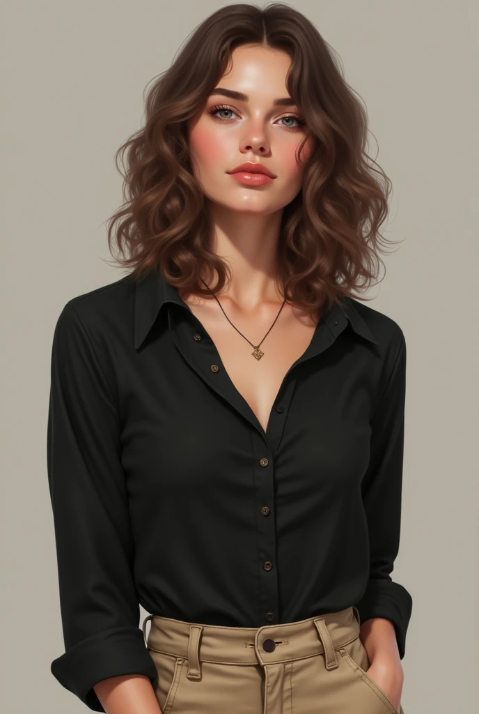 with medium curly light brown hair, eyes browns, full mouth, beige cargo pants and black blouse,