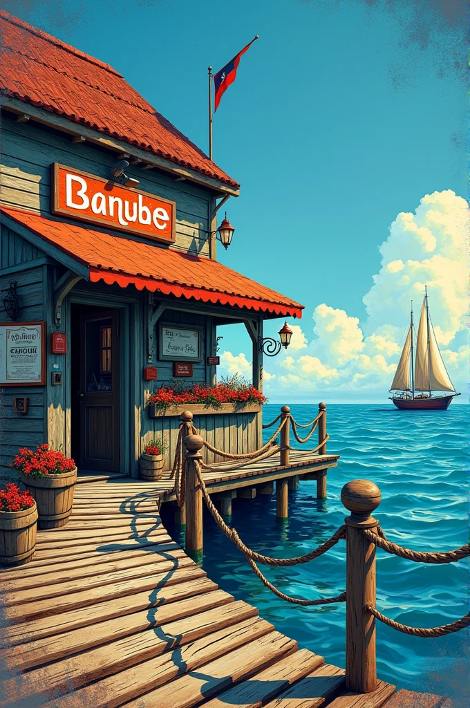 Alcohol and ink by R Crumb, Pino Daeni, A weathered wooden bakery on a pier, a sign with the word Zmutt, In the background, a calm sea with two sailboats. The style is reminiscent of a bold and colorful woodcut, with high contrast and vivid blues. By Van Gogh and Jean-Baptiste Monge Patchwork style, use dreamy color alcohol and color ink, beauty, colorful, fantasy, wonderful view, clear quality.