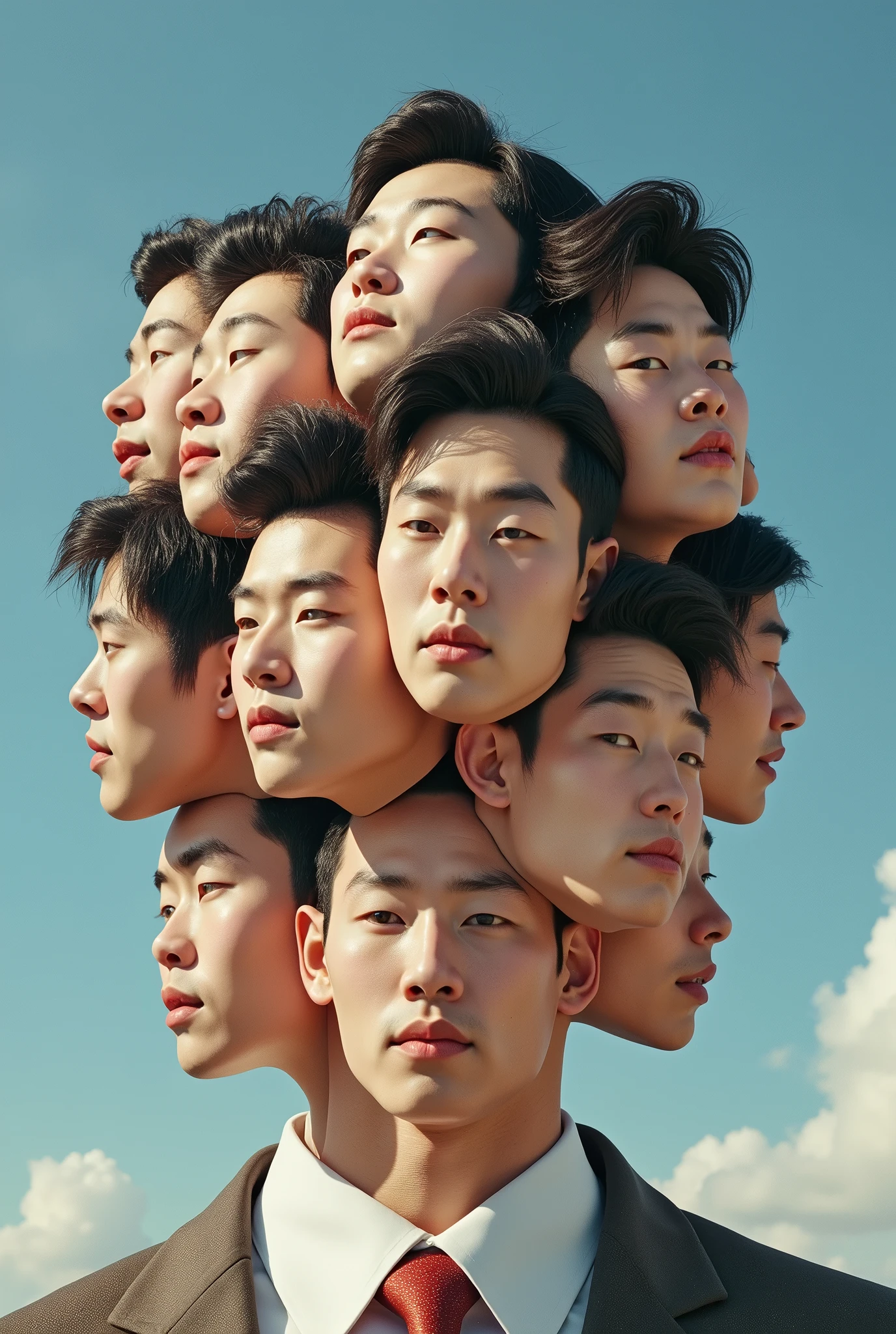 Expressionist artwork images of multiple floating heads of korean men, 3d collage style, make it weird and gallery worthy