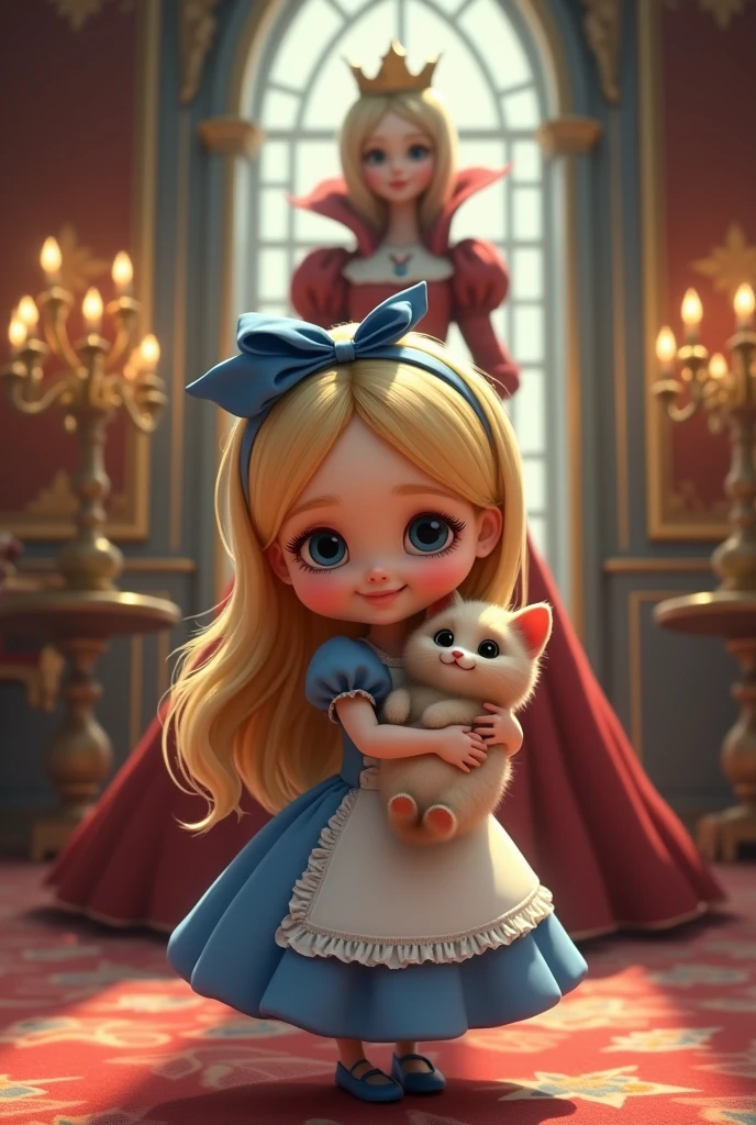 {{{(Very cute pose)}}}, (((highest quality))), (((super detailed))), (((clear) )), (( (masterpiece) 8K)))), Wonderful Alice in Wonderland Inside a very beautiful castle, in a luxurious chair, Alice holding a fat cat with a wide open mouth and smiling, ((Alice in Wonderland (blond), , young,  girl, Blue ribbon, Alice's clothes, long hair)), small, young, small breasts), round face, girl: 1.25), (baby ort limbs, Alice standing in front of the Queen of Hearts,