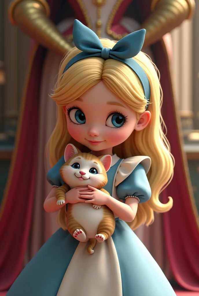 {{{(Very cute pose)}}}, (((highest quality))), (((super detailed))), (((clear) )), (( (masterpiece) 8K)))), Wonderful Alice in Wonderland Inside a very beautiful castle, in a luxurious chair, Alice holding a fat cat with a wide open mouth and smiling, ((Alice in Wonderland (blond), , young, girl, Blue ribbon, Alice's clothes, long hair)), small, young, small breasts), round face, girl: 1.25), (baby ort limbs, Alice standing in front of the Queen of Hearts,