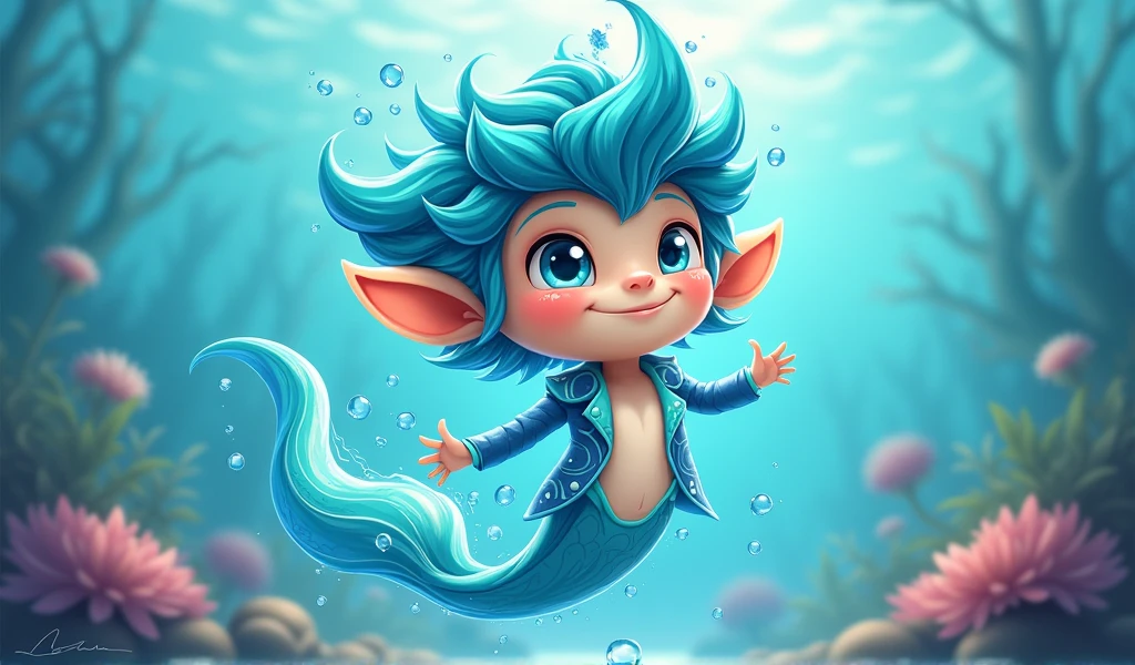 Create a 2D male water element mascot that is cute and expressive, with beautiful eyes and a captivating smile.