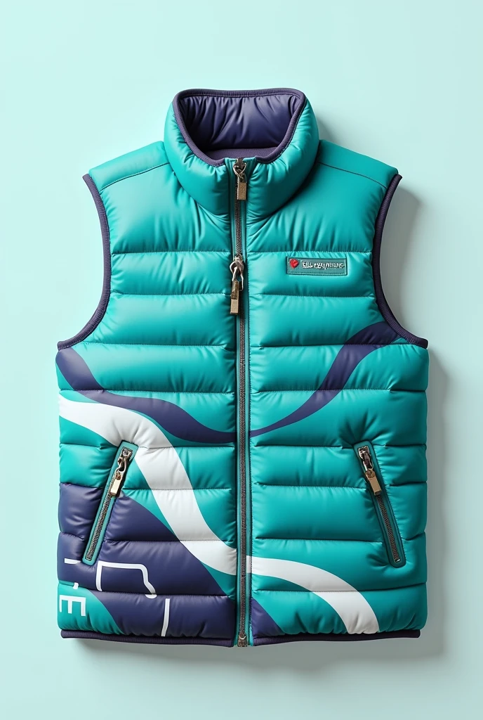 A uniform-colored quilted vest for a minimalist and creative advertising agency, with curved designs, with turquoise colors, purple, white and silver, and the letters FEM in large letters at the bottom left and the text @fullempresas in small in the chest