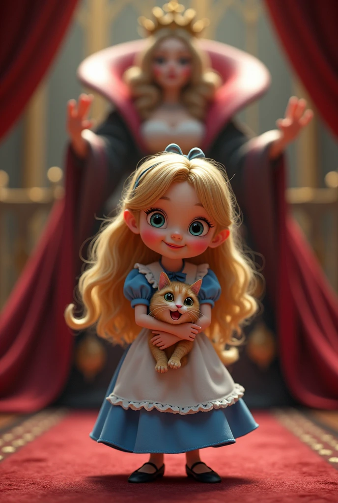 {{{(Very cute pose)}}}, (((highest quality))), (((super detailed))), (((clear) )), (( (masterpiece) 8K)))), Wonderful Alice in Wonderland Inside a very beautiful castle, in a luxurious chair, Alice holding a fat cat with a wide open mouth and smiling, ((Alice in Wonderland (blond), child, young, girl, Blue ribbon, Alice's clothes, long hair)), small, young, small breasts), round face, girl: 1.25), (baby face), short limbs, Alice standing in front of the Queen of Hearts,