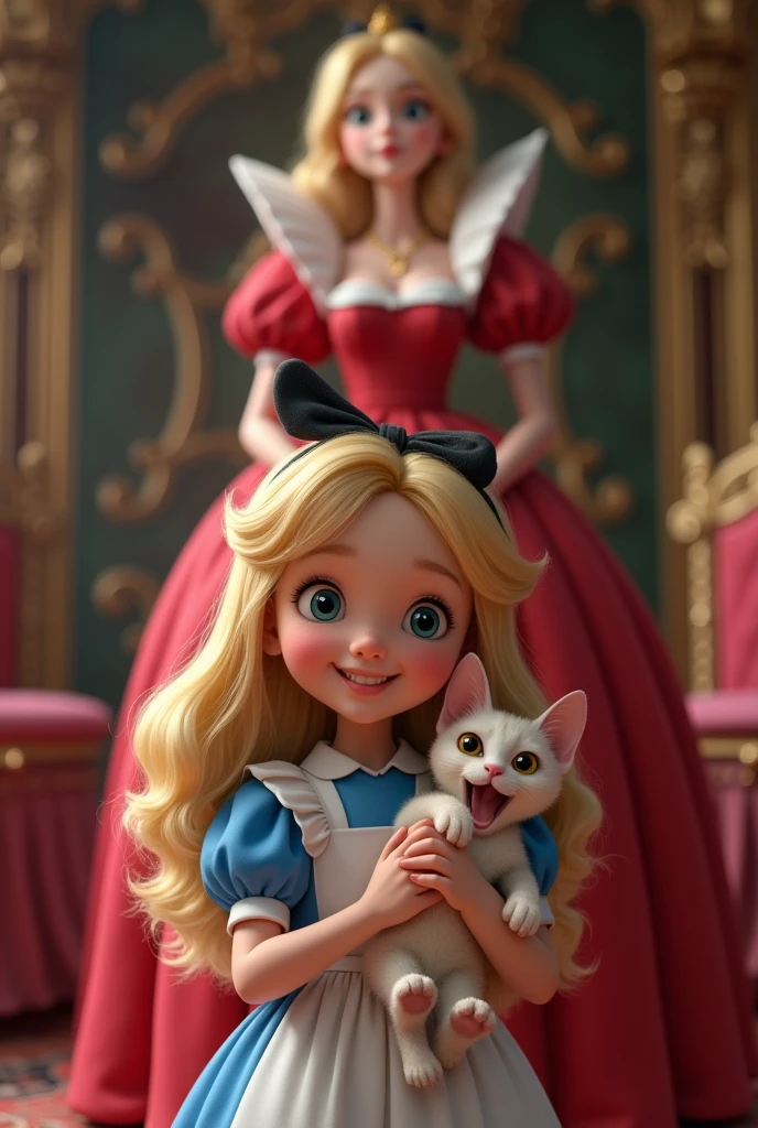 {{{(Very cute pose)}}}, (((highest quality))), (((super detailed))), (((clear) )), (( (masterpiece) 8K)))), Wonderful Alice in Wonderland Inside a very beautiful castle, in a luxurious chair, Alice holding a fat cat with a wide open mouth and smiling, ((Alice in Wonderland (blond), , young, girl, Blue ribbon, Alice's clothes, long hair)), small, young, small breasts), round face, girl: 1.25), (baby ort limbs, Alice standing in front of the Queen of Hearts,
