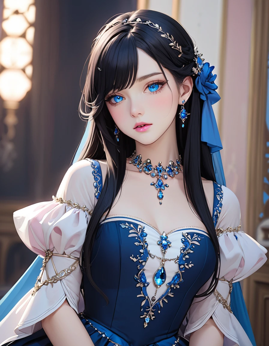 Beautiful woman with very long black hair, side-swept bangs, sparkling blue eyes, light pink lips, fair skin. Elegant but modest renaissance dress and a simple tear-drop shaped blue necklace.