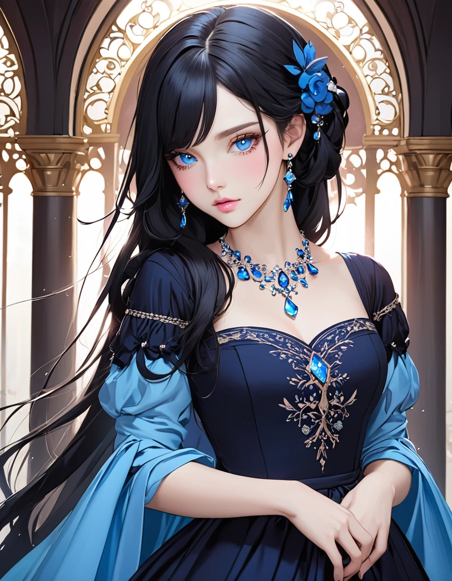 Beautiful woman with very long black hair, side-swept bangs, sparkling blue eyes, light pink lips, fair skin. Elegant but modest renaissance dress and a simple tear-drop shaped blue necklace.