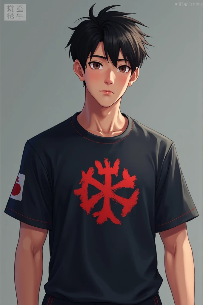 Make a Japanese, 1, wearing a squad tshirt with his nickname 'Arlotty' on it and his squad or team for eSport "The Night Core' and put a logo. No numbers, realistic like real human taken by camera, don't forget his nickname ARLOTTY on his shirt and his squad name 'The Night Core'